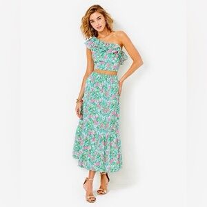 Lilly Pulitzer “Kasida” Ruffle Set- Green & Pink Floral One-Shoulder Skirt Set
